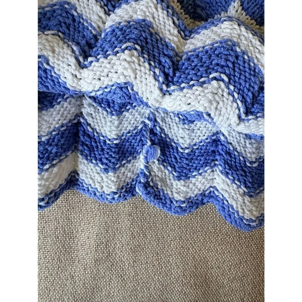 Vintage 1960s Hand Knit Baby Dress Blue White Chevron 9-12M